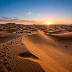 Camel caravan crossing sunlit desert dunes at sunset