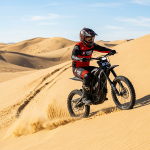 Motocross rider on dirt bike crossing sandy desert dunes