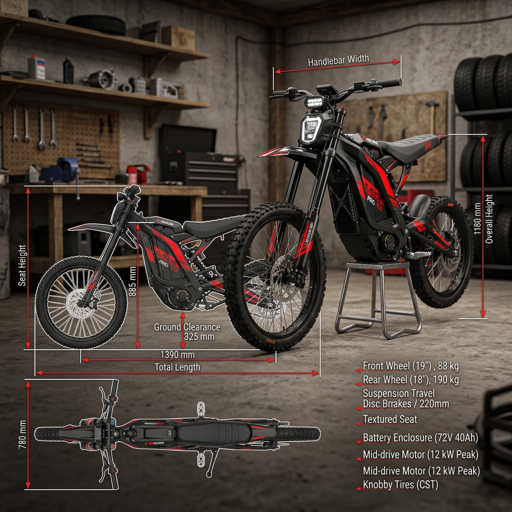 Electric dirt bike specification graphic with labeled dimensions: handlebar width, 885 mm seat height, 325 mm ground clearance, 1390 mm total length, 1180 mm overall height, and 780 mm width; specifications include 19-inch front wheel, 18-inch rear wheel, suspension travel, 220 mm disc brakes, textured seat, 72V 40Ah battery enclosure, 12 kW peak mid-drive motor, and CST knobby tires.