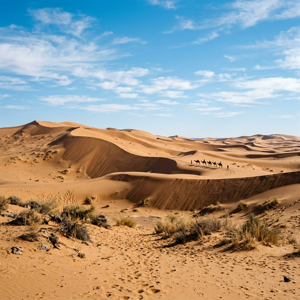 Camel caravan crossing golden desert dunes beneath a blue sky