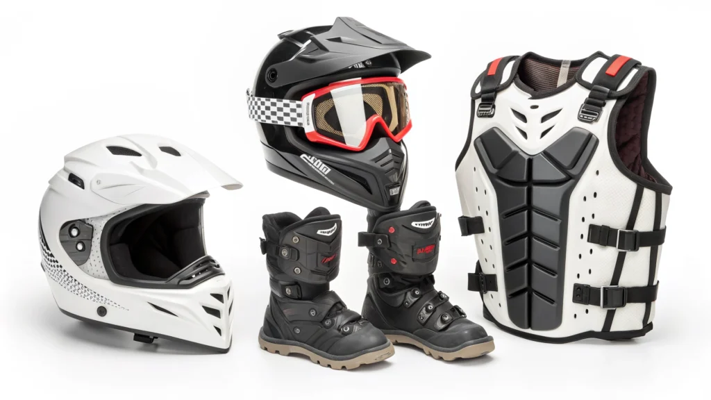 Full set of motocross protective gear laid out on a clean surface