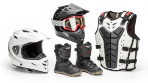 Full set of motocross protective gear laid out on a clean surface